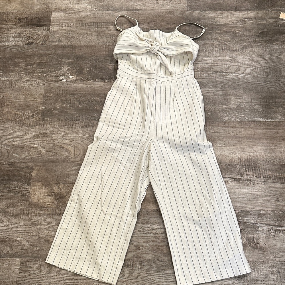 Lost + Wander Cream Jumpsuit with Navy Pinstripes and Front Tie
